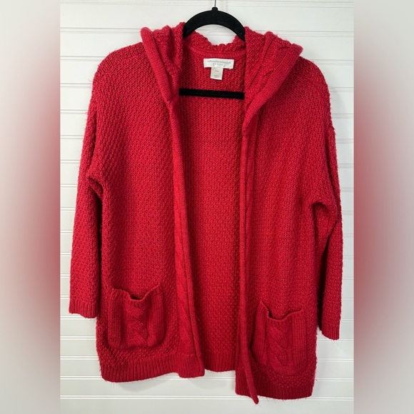 Christopher & Banks Petite,  size M, red hooded open cardigan sweater. - Picture 1 of 4